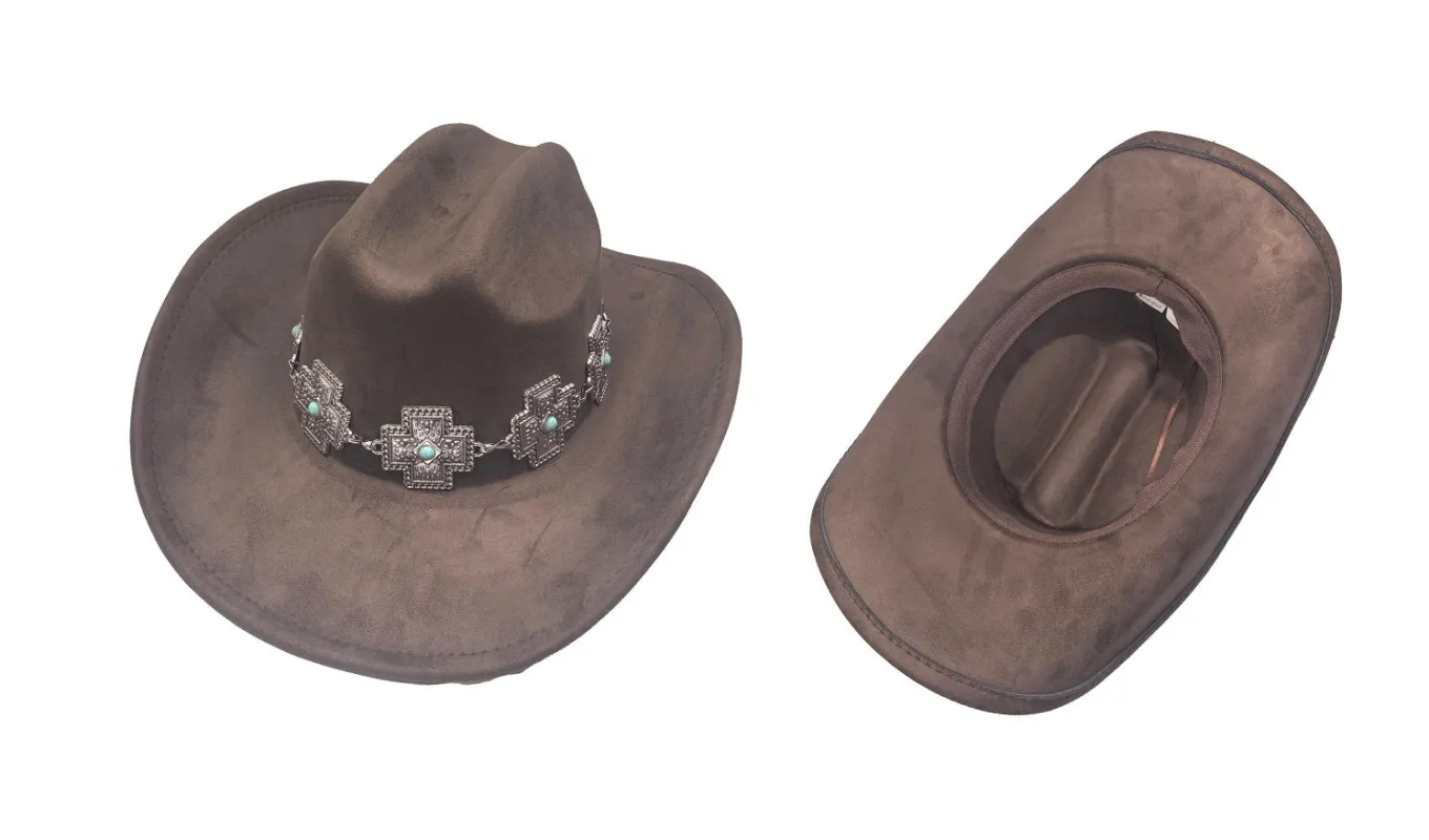 BROWN COWBOY HAT SILVER TURQUOISE ( 0919 BR ) sold by Oh My Jewelry