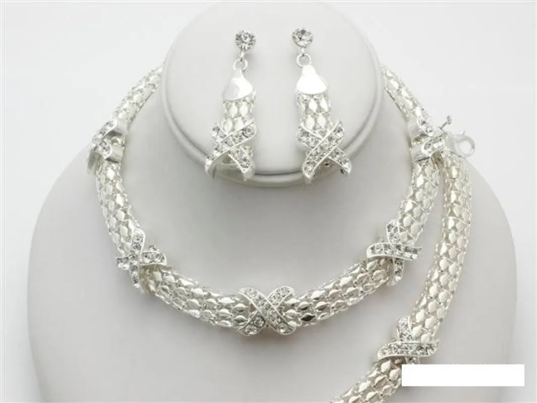 SILVER NECKLACE SET X CLEAR STONES MATCHING BRACELET ( 13527 S ) sold by Oh My Jewelry