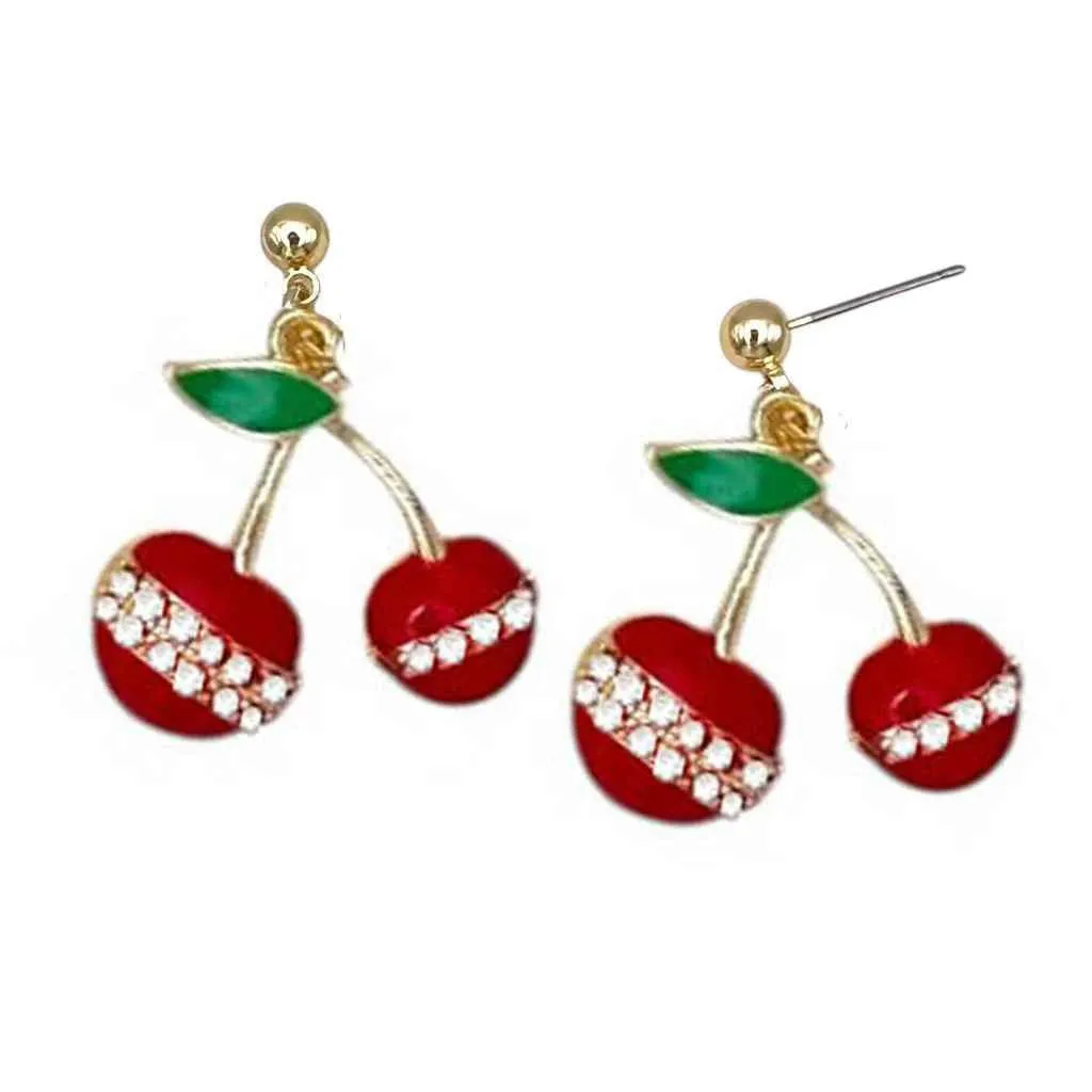 14K GOLD PLATED CHERRY EARRINGS CLEAR CZ STONES ( 1342 EGC ) sold by Oh My Jewelry