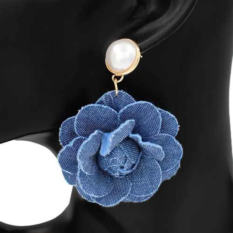 DENIM FLOWER DANGLING EARRINGS ( 2794 ) made by Oh My Jewelry