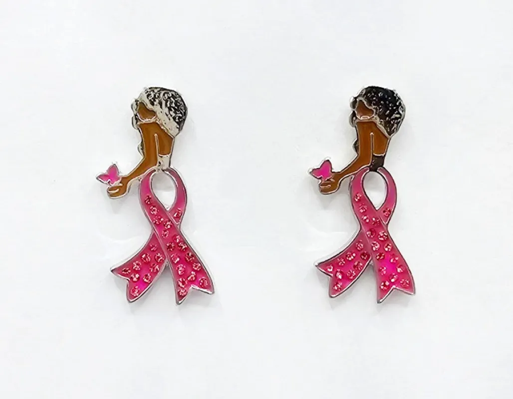 SILVER PINK RIBBON WOMAN EARRINGS ( 2219 RHPK ) sold by Oh My Jewelry