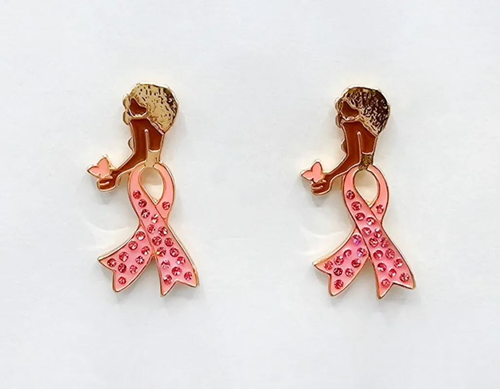 GOLD PINK RIBBON WOMAN EARRINGS ( 2219 GDLPK ) sold by Oh My Jewelry