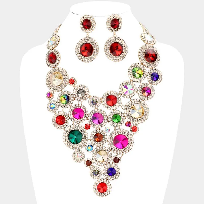 LARGE GOLD NECKLACE SET MULTI COLOR STONES ( 3190 GDMT ) sold by Oh My Jewelry