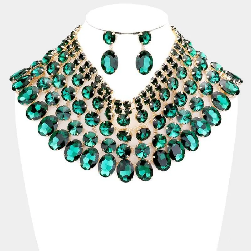 Gold and Large Green Stone Bib Style Evening Necklace Set ( 2062 EM ) sold by Oh My Jewelry