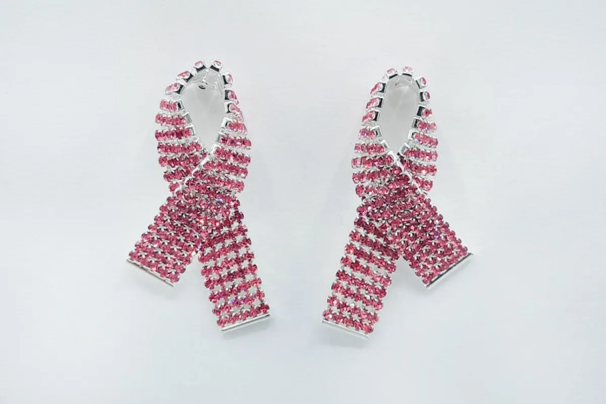 SILVER PINK RIBBON EARRINGS PINK STONES ( 5210 PK ) sold by Oh My Jewelry