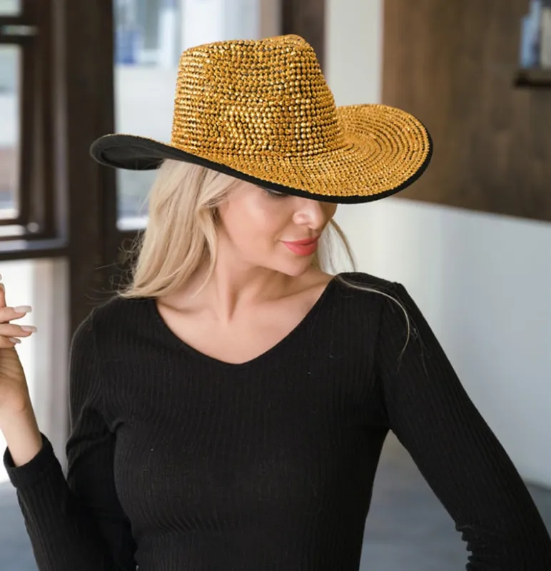 RHINESTONE COWBOY HAT ( 3518 GOLD ) sold by Oh My Jewelry