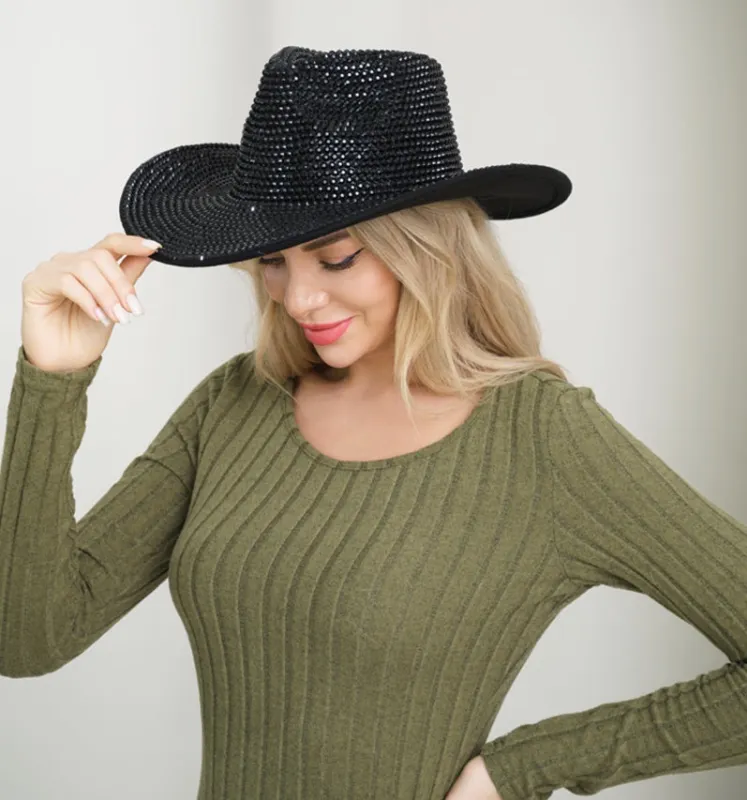 RHINESTONE COWBOY HAT ( 3518 BLACK ) sold by Oh My Jewelry