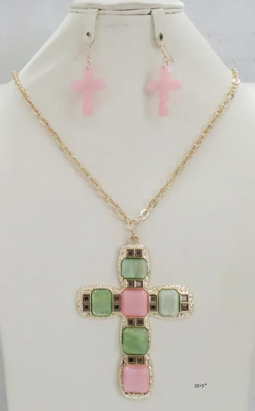 PINK GREEN CROSS NECKLACE ( 5237 PG ) sold by Oh My Jewelry