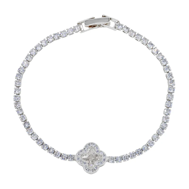 SILVER TENNIS BRACELET CLEAR CZ STONES QUATREFOIL ( 593 SCL ) sold by Oh My Jewelry