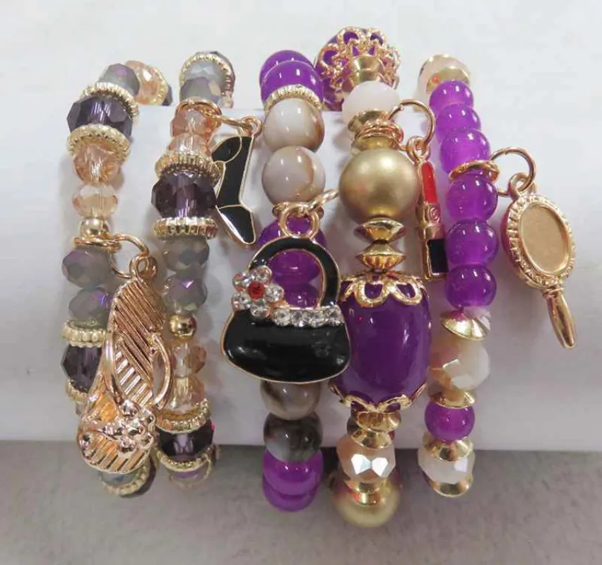 GOLD PURPLE STRETCH BRACELETS BEAUTY CHARMS ( 5902 GPP ) made by Oh My Jewelry