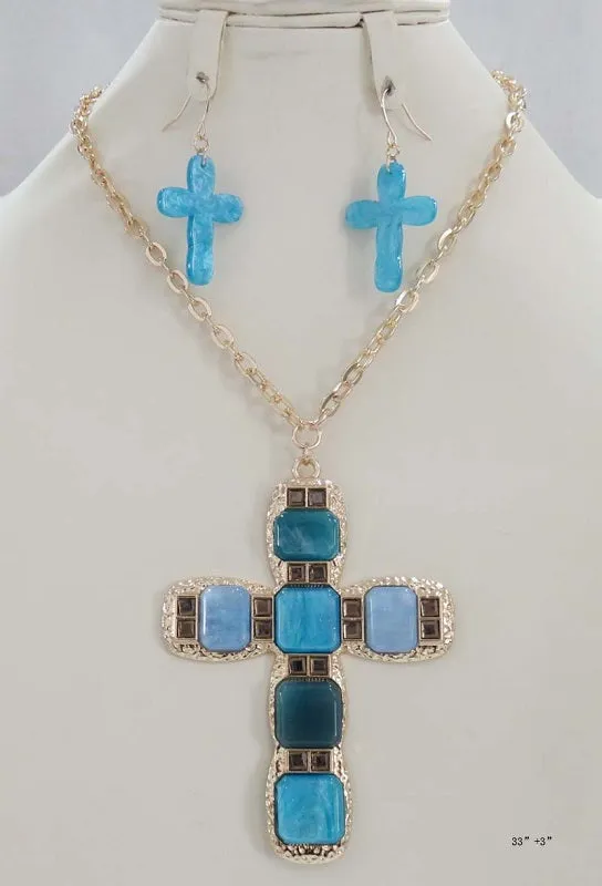 GOLD BLUE CROSS NECKLACE ( 5237 BL ) sold by Oh My Jewelry