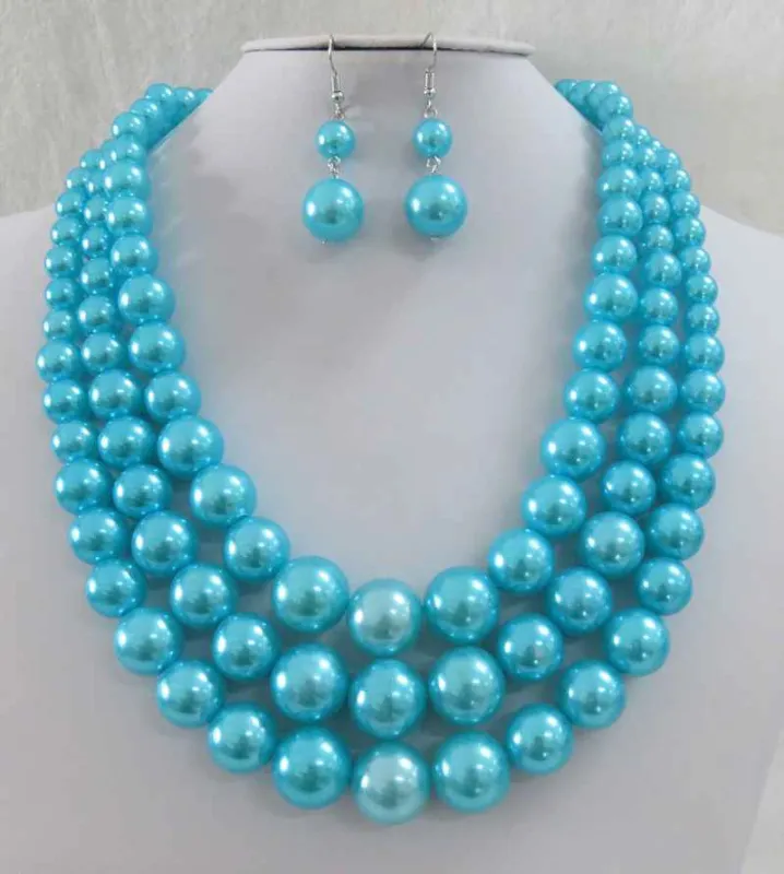 3 STRAND TURQUOISE PEARL NECKLACE SET ( 593 TQ ) made by Oh My Jewelry