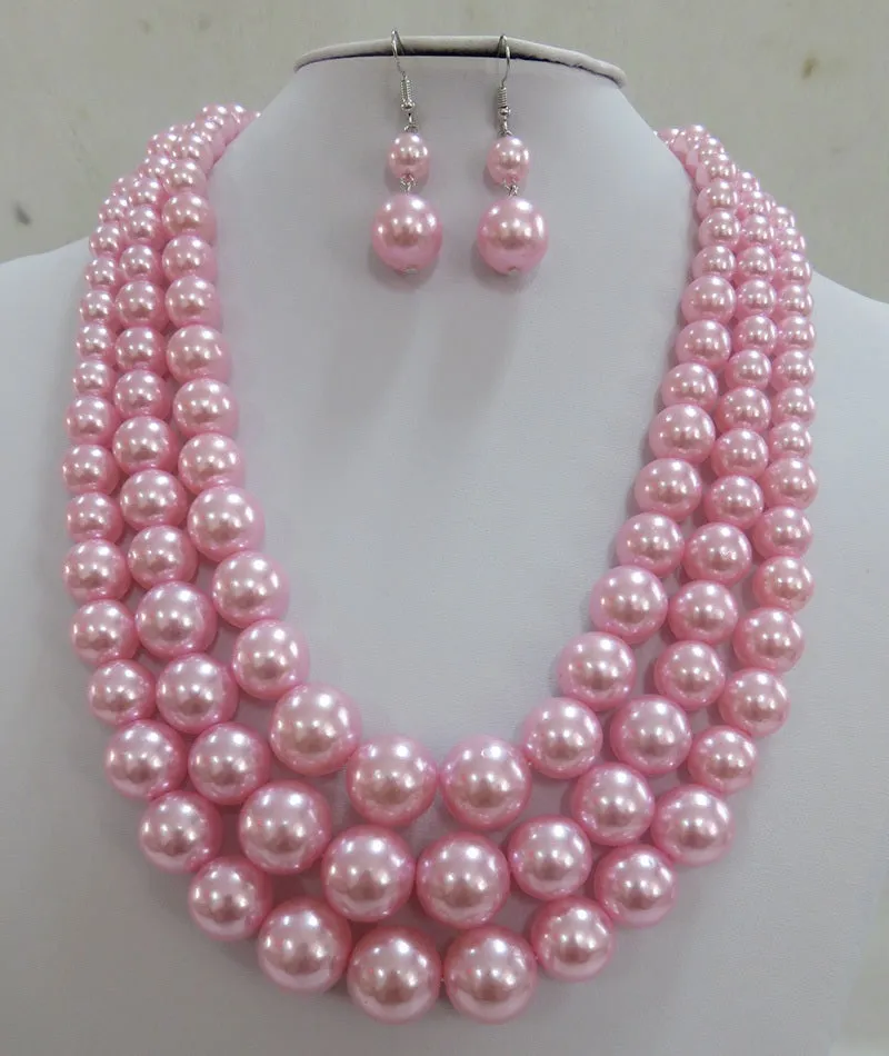 3 STRAND PINK PEARL NECKLACE SET ( 593 PK ) sold by Oh My Jewelry