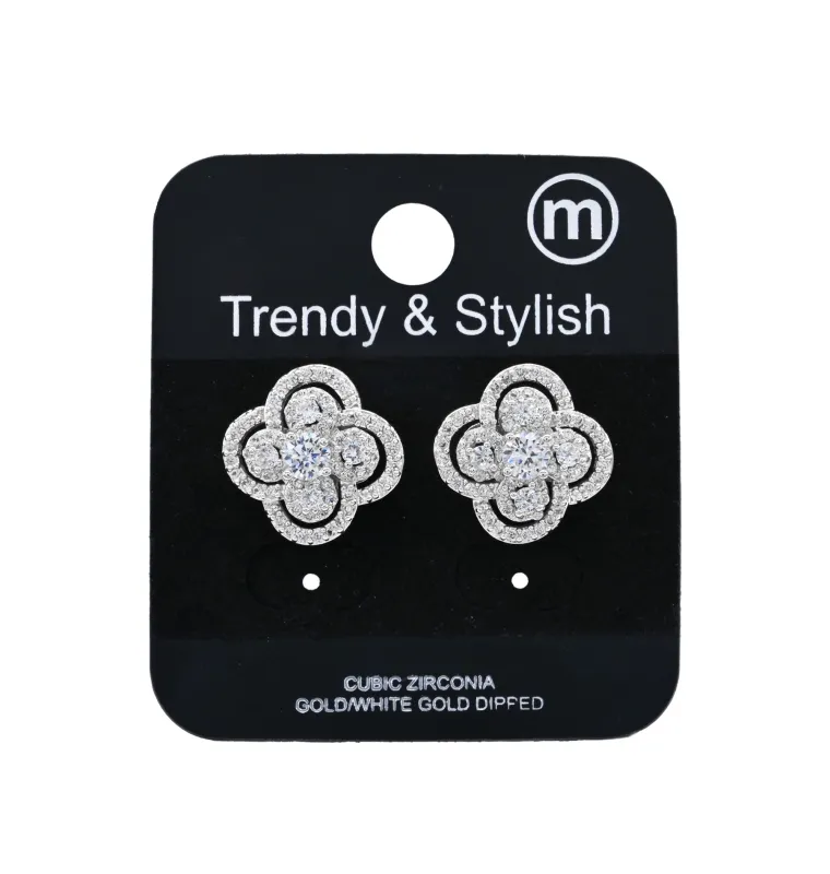 WHITE GOLD DIPPED FLORAL EARRINGS CLEAR CZ STONES ( 5448 RH ) sold by Oh My Jewelry