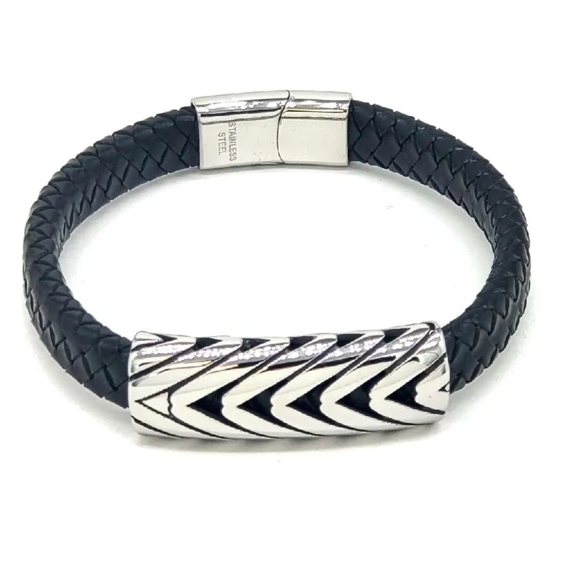Men's Black Leather Braided Stainless Steel Chain Design Bracelet ( 053 BK ) sold by Oh My Jewelry