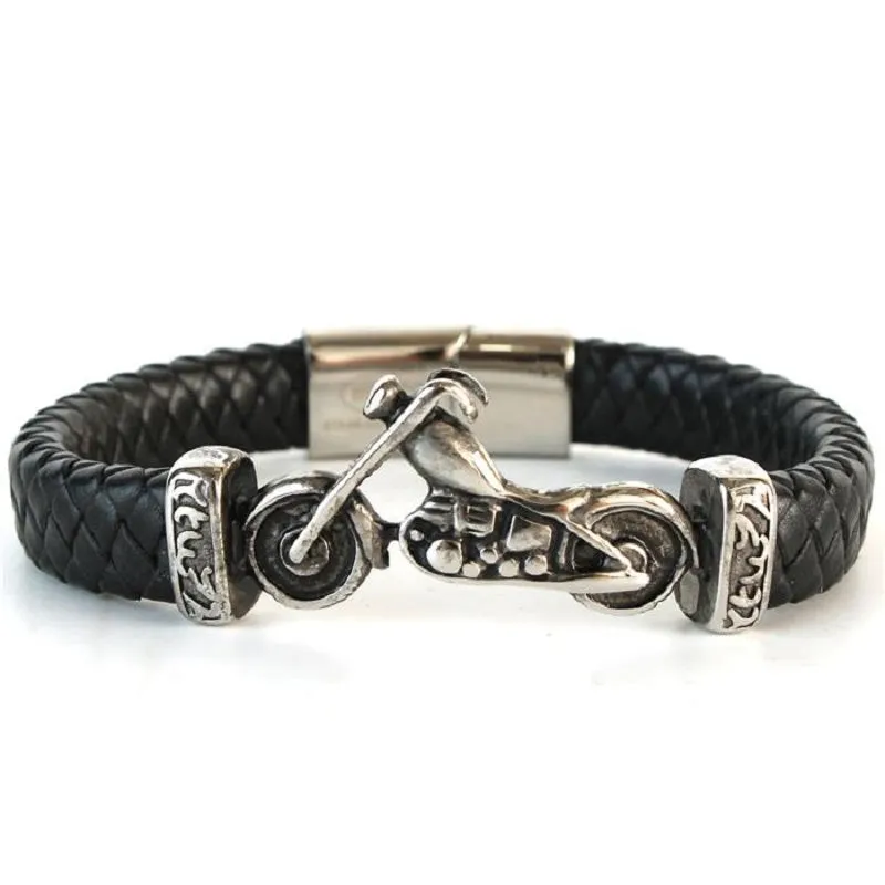 Men's Black Leather Braided Stainless Steel Motorcycle Design Bracelet ( 027 ) sold by Oh My Jewelry