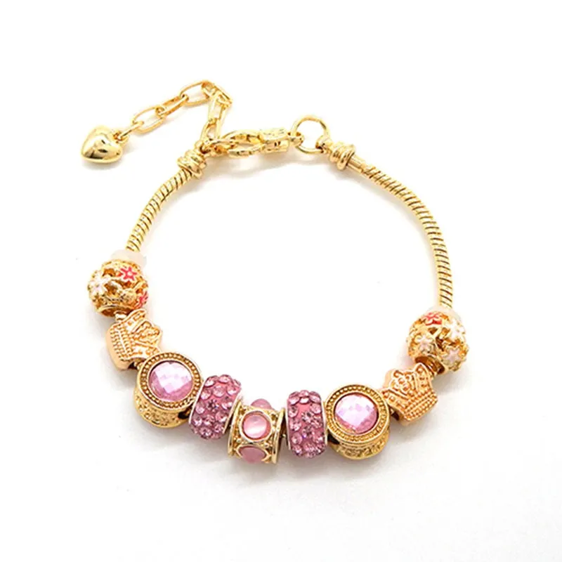 GOLD BEADED CHARM BRACELET WITH PINK CHARMS ( 3061 GDPNK ) made by Oh My Jewelry
