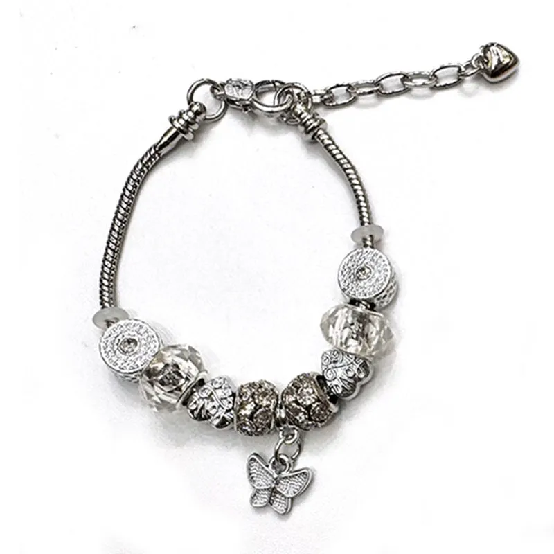 SILVER BEADED CHARM BRACELET WITH RHINESTONE BUTTERFLY CHARM ( 3058 RDCLR ) sold by Oh My Jewelry