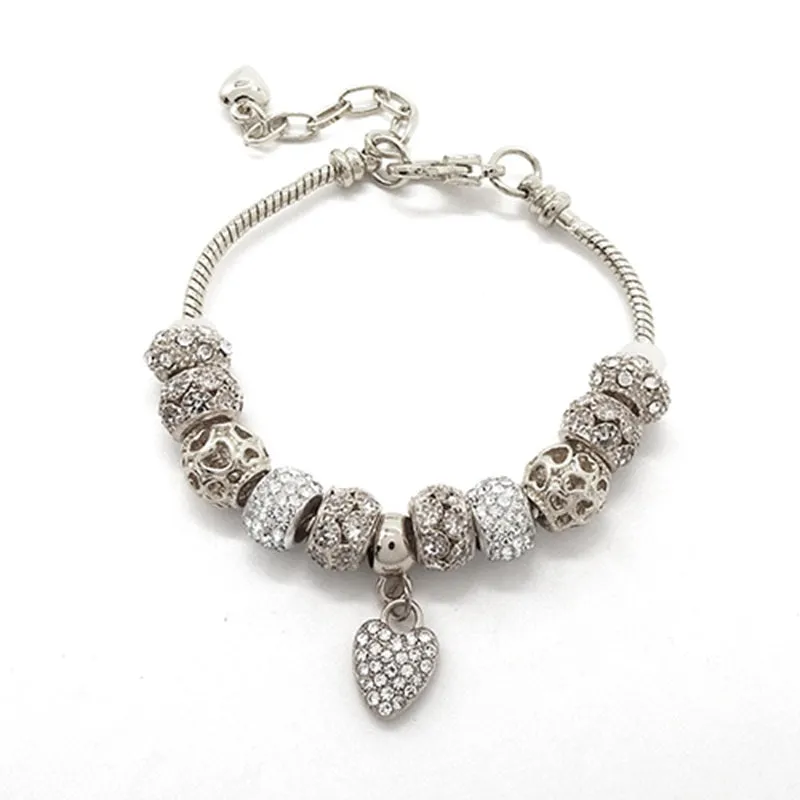 SILVER BEADED CHARM BRACELET WITH RHINESTONE HEART CHARM ( 3055 RDCLR ) sold by Oh My Jewelry
