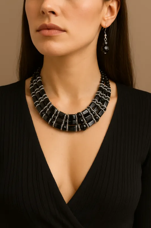 SILVER BLACK STONE NECKLACE SET ( 8034 S ) sold by Oh My Jewelry