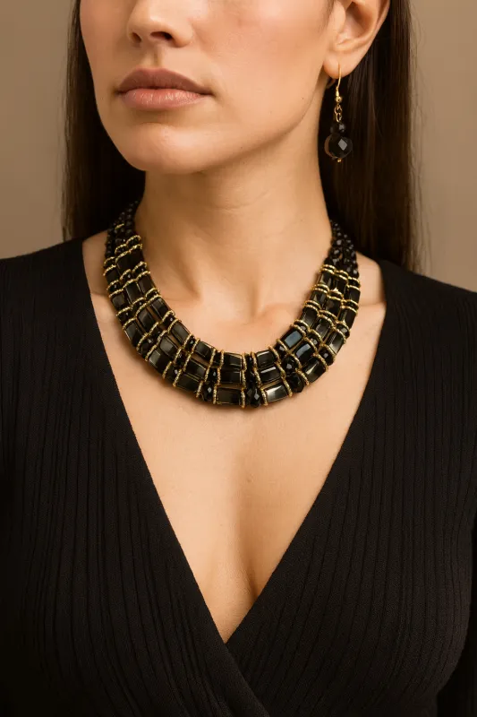 GOLD BLACK STONE NECKLACE SET ( 8034 G ) sold by Oh My Jewelry