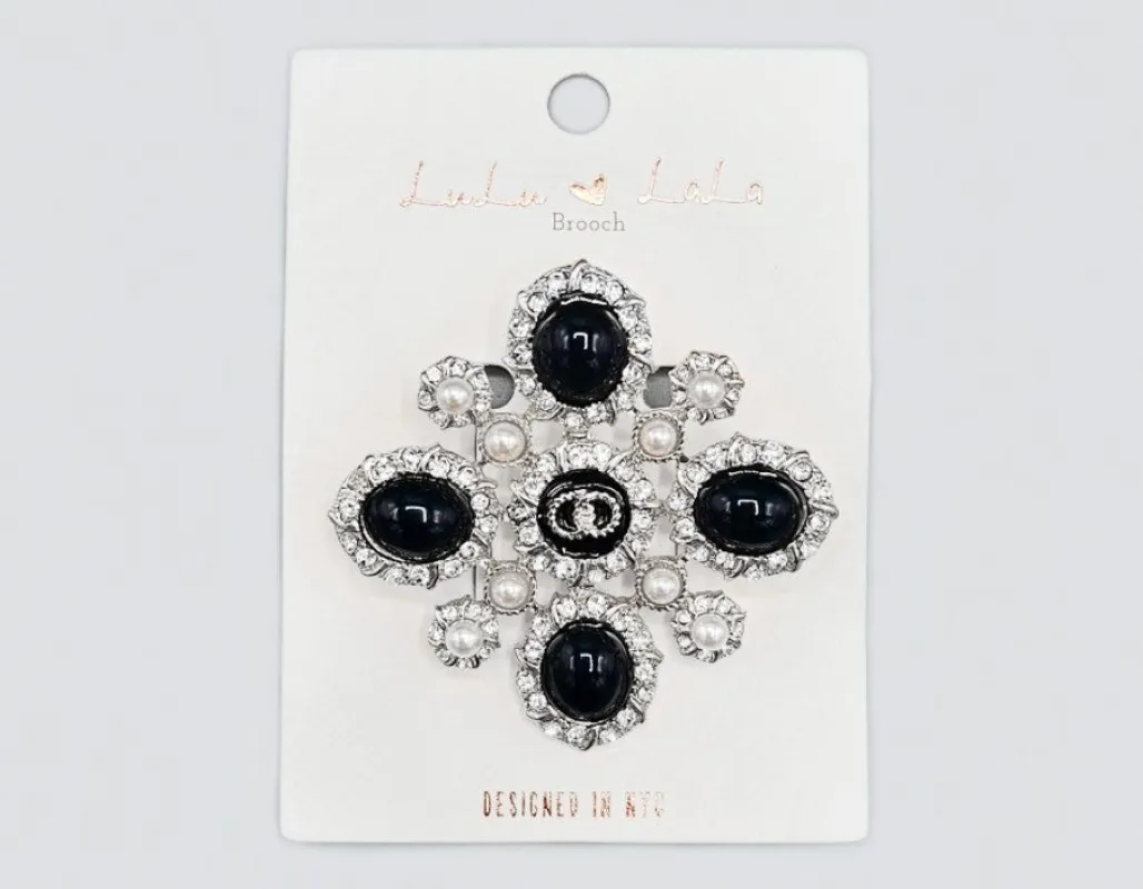 SILVER BROOCH BLACK RHINESTONES ( 1101 RHBK ) made by Oh My Jewelry