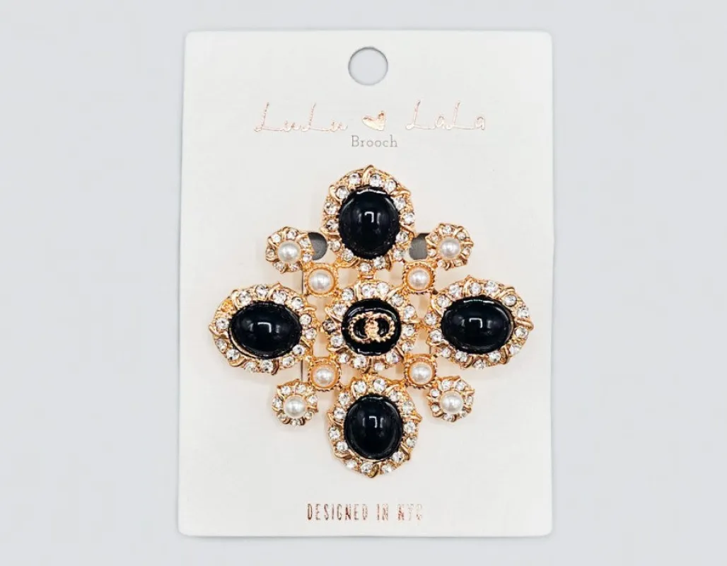 GOLD BROOCH BLACK PEARLS RHINESTONES ( 1101 GDBK ) sold by Oh My Jewelry