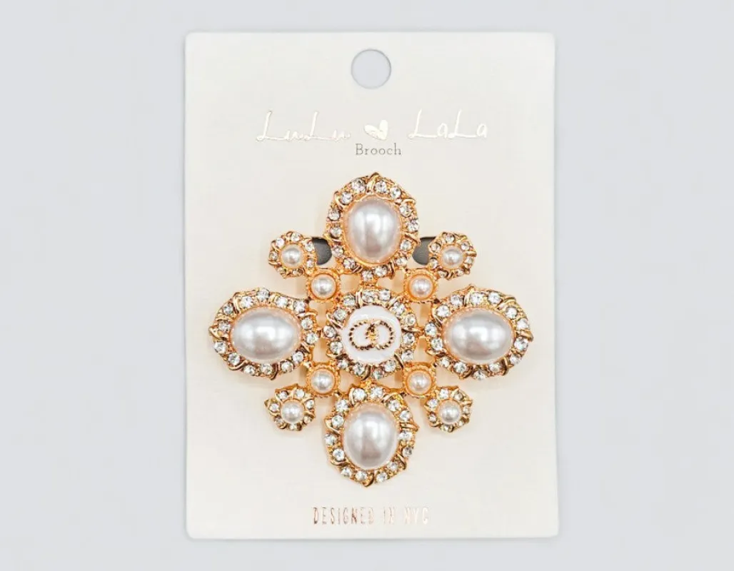 GOLD BROOCH WITH CREAM PEARLS AND RHINESTONES ( 1101 GD ) sold by Oh My Jewelry