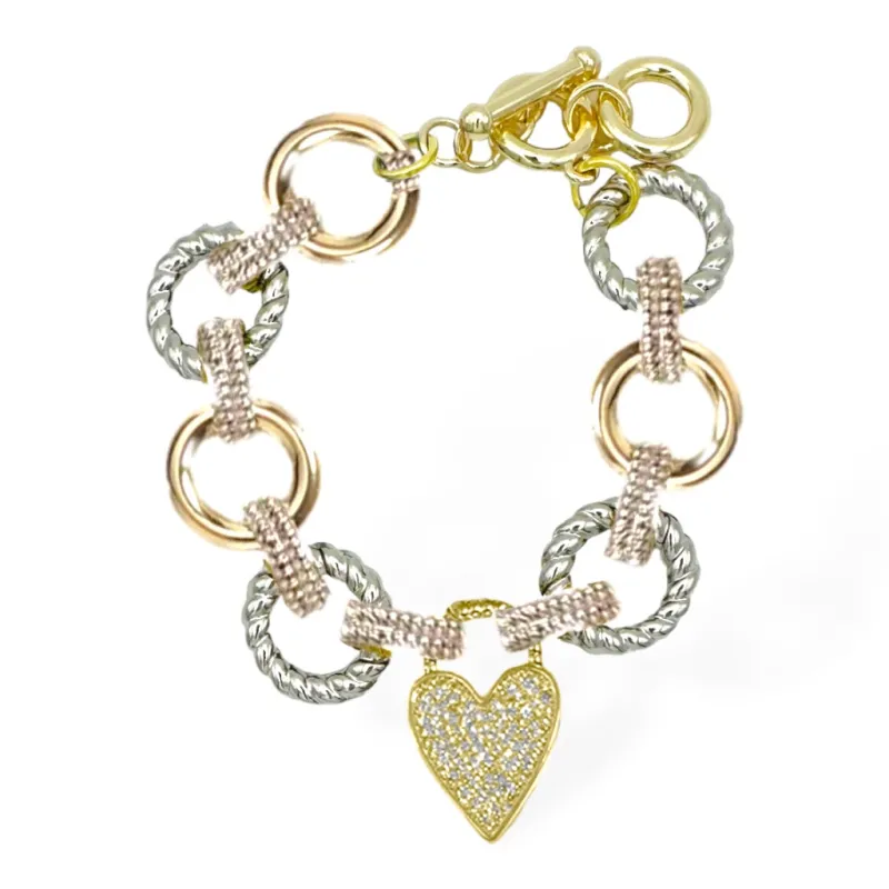 14K GOLD PLATED BRACELET CZ STONES HEART CHARM ( 9016 BK ) sold by Oh My Jewelry
