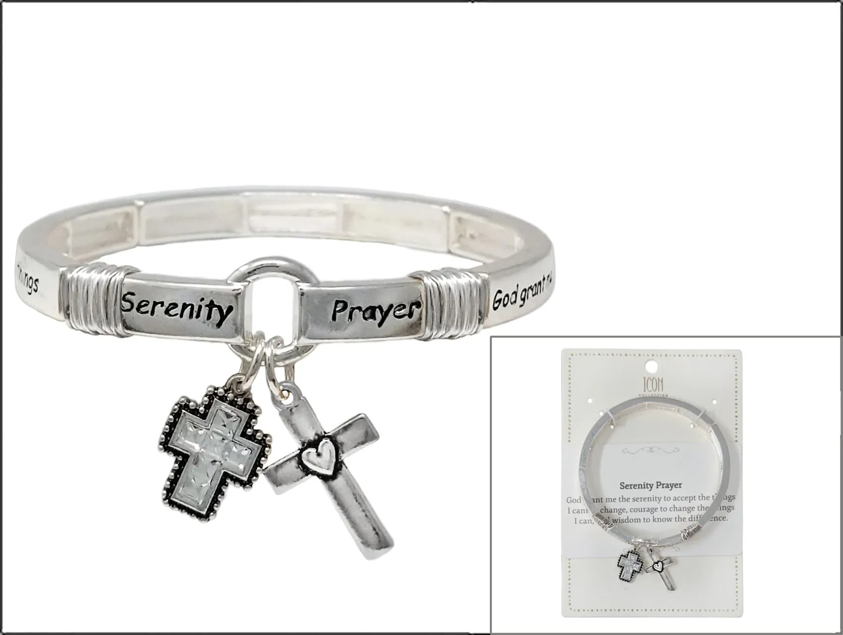 SILVER STRETCH BRACELET CHARMS CROSS SERENITY PRAYER ( 02982 ASCR ) sold by Oh My Jewelry