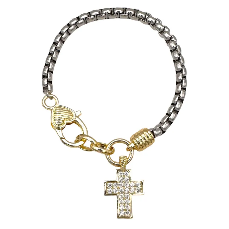 SILVER GOLD BRACELET CROSS CZ STONES ( 9885 B ) sold by Oh My Jewelry