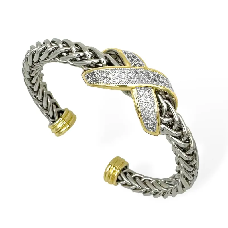 SILVER GOLD CUFF BANGLE CZ STONES ( 9115 B ) sold by Oh My Jewelry