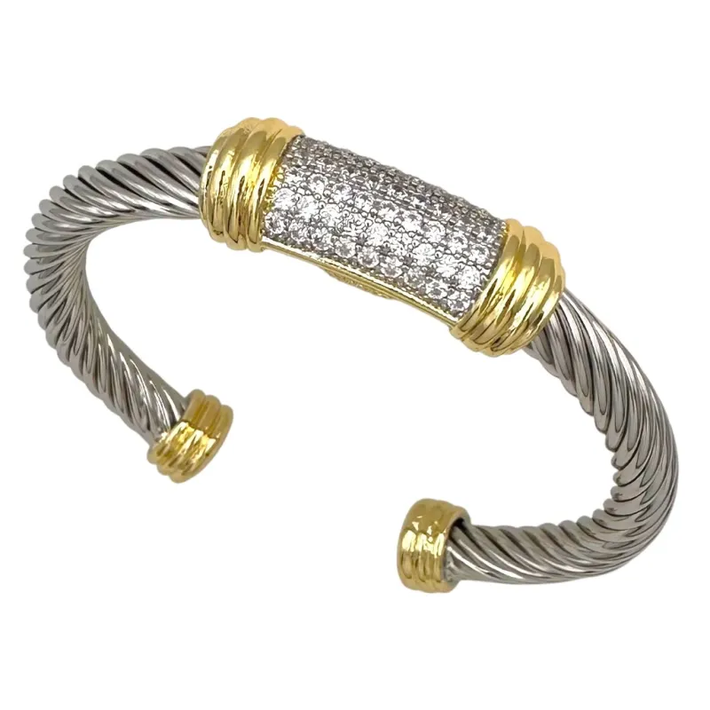 SILVER GOLD CUFF BANGLE CLEAR CZ STONES ( 1210 B ) sold by Oh My Jewelry