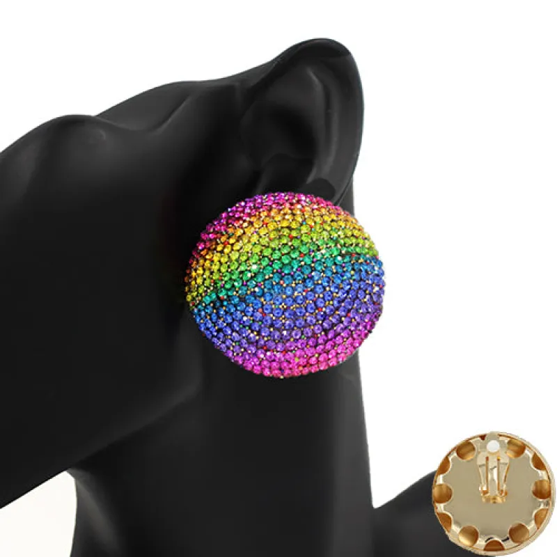 GOLD DOME CLIP ON EARRINGS RAINBOW STONES ( 2419 GDRNB-CP ) made by Oh My Jewelry