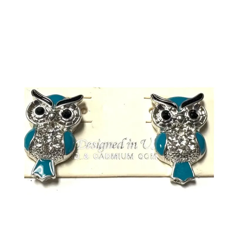 SILVER TEAL OWL EARRINGS CLEAR STONES ( 5305 TEAL ) made by Oh My Jewelry