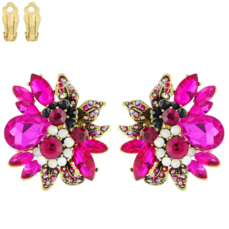 ANTIQURE GOLD FUCHSIA STONES CLIP ON EARRINGS ( 11212 AGFU ) made by Oh My Jewelry