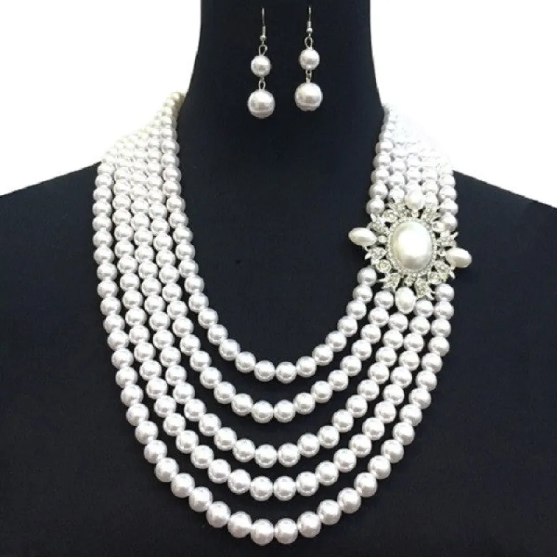 5 Layered White Pearl Necklace with Oval Rhinestone Pendant and Earrings ( 045 WH ) sold by Oh My Jewelry