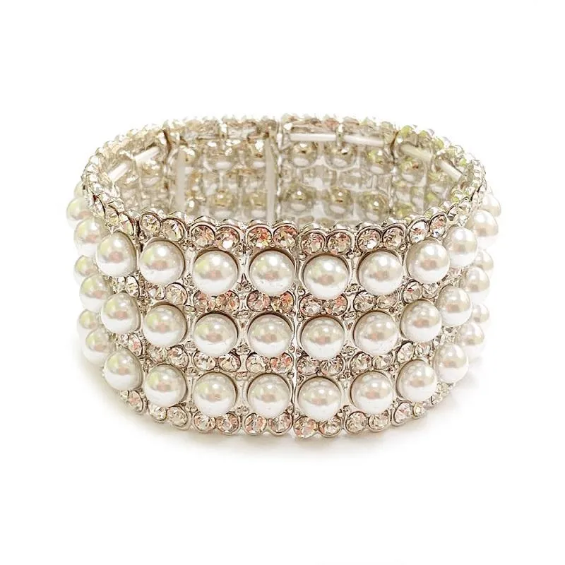 Silver with White Pearl Stretch Formal Bracelet ( 114 RWH ) sold by Oh My Jewelry