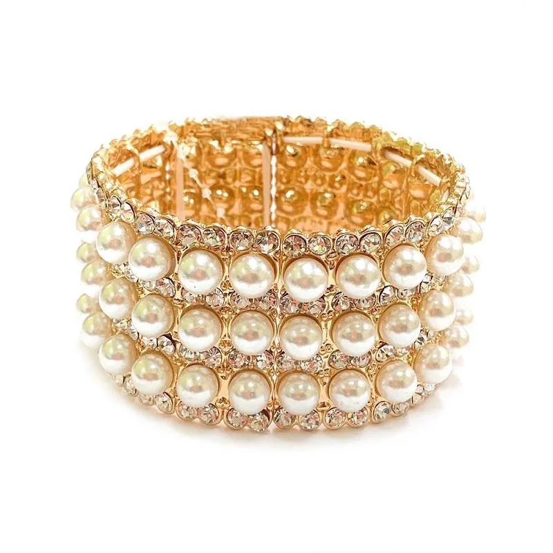 Gold with Cream Pearl Stretch Formal Bracelet ( 114 GCR ) sold by Oh My Jewelry