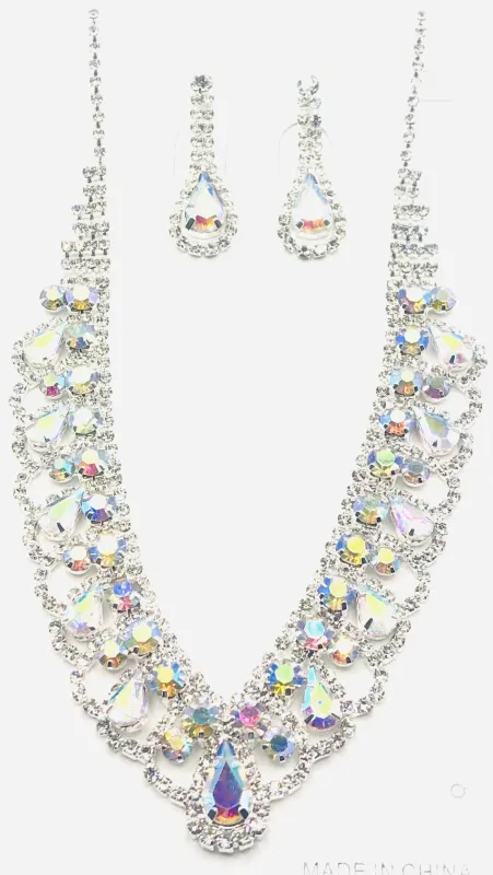 SILVER NECKLACE SET CLEAR AB STONES ( 10792 SAB ) sold by Oh My Jewelry