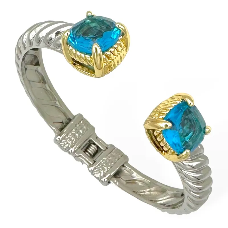 SILVER GOLD CUFF BANGLE BLUE CZ STONES ( 9239 KB ) sold by Oh My Jewelry