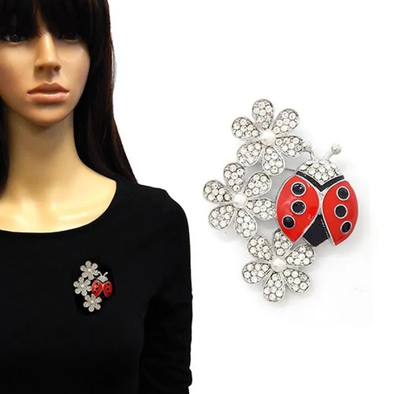 SILVER CLEAR FLOWER LADYBUG BROOCH ( 2168 RDCLR ) sold by Oh My Jewelry