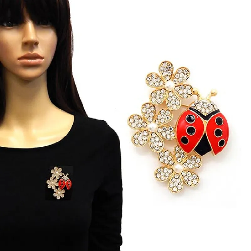 GOLD FLOWER LADYBUG BROOCH ( 2168 GDCLR ) sold by Oh My Jewelry