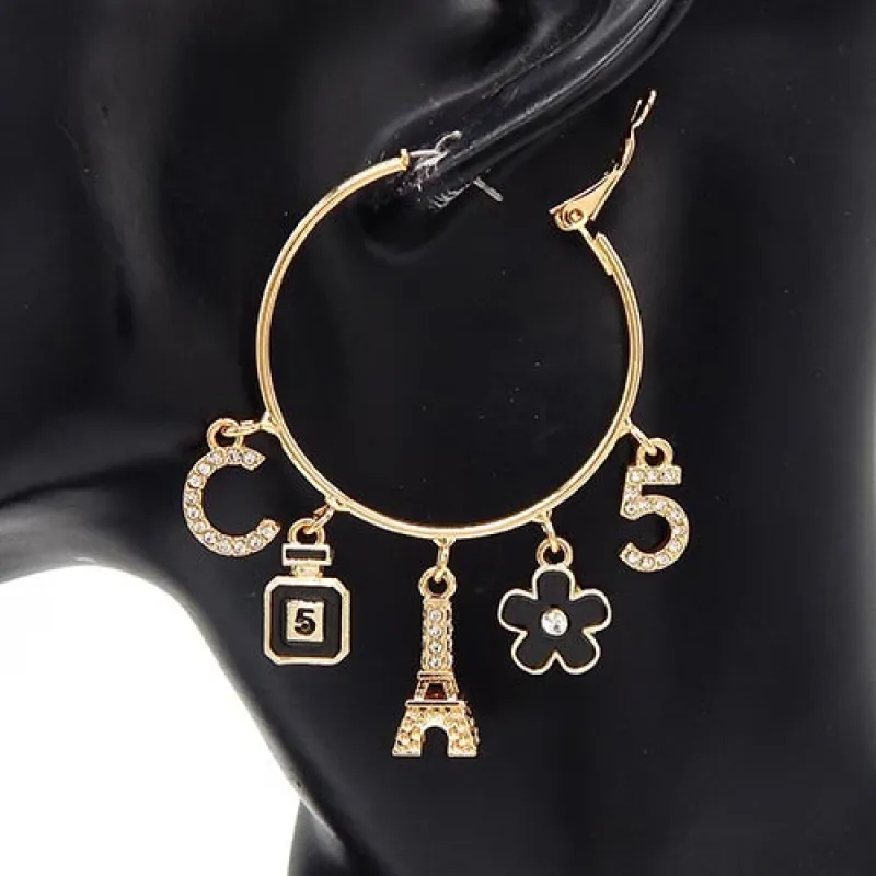 GOLD HOOP EARRINGS BLACK DANGLING CHARMS ( 3575 GDBLK ) sold by Oh My Jewelry