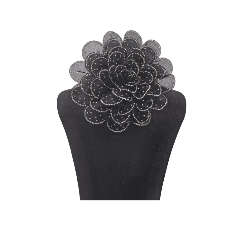BLACK LARGE FABRIC FLOWER BROOCH CLEAR STONES ( 0045 BKCL ) sold by Oh My Jewelry