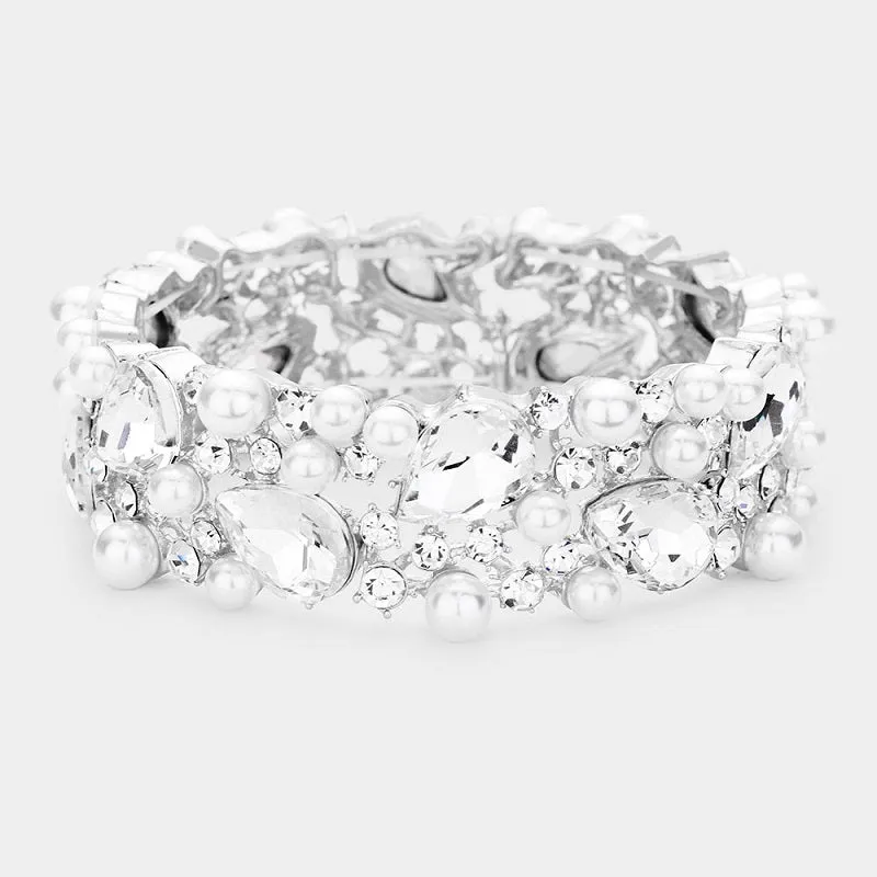 Silver with White Pearls and Teardrop Clear Stones Formal Stretch Bracelet ( 0110-3C ) sold by Oh My Jewelry