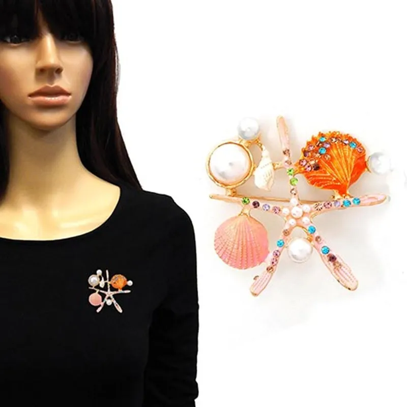 PEACH SEA LIFE EPOXY AND PEARL BROOCH ( 4012 GDPCH ) sold by Oh My Jewelry