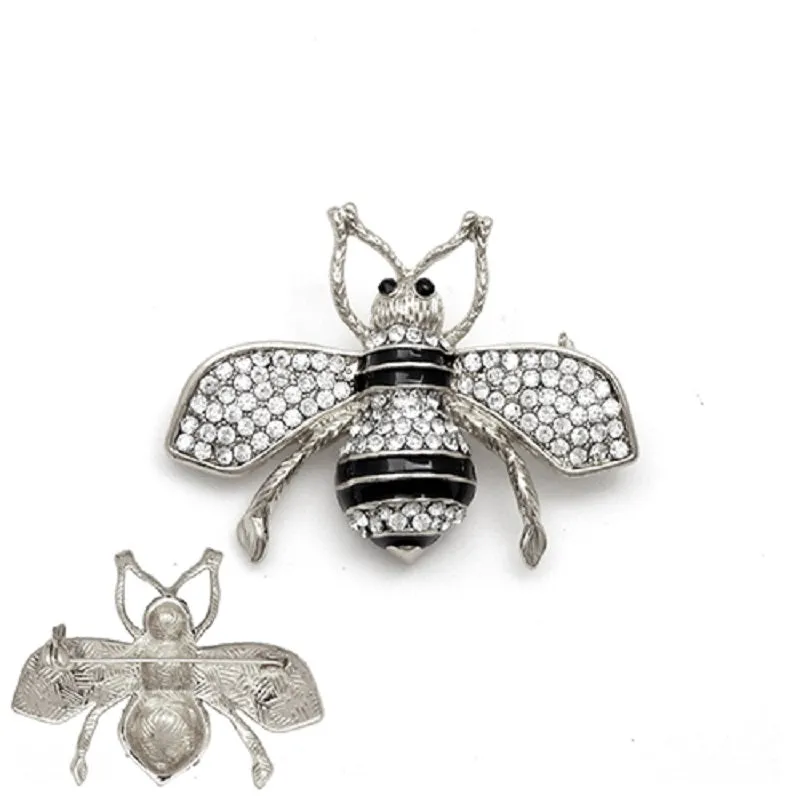 SILVER BLACK BEE BROOCH CLEAR RHINESTONES ( 2002 RDCLR ) made by Oh My Jewelry