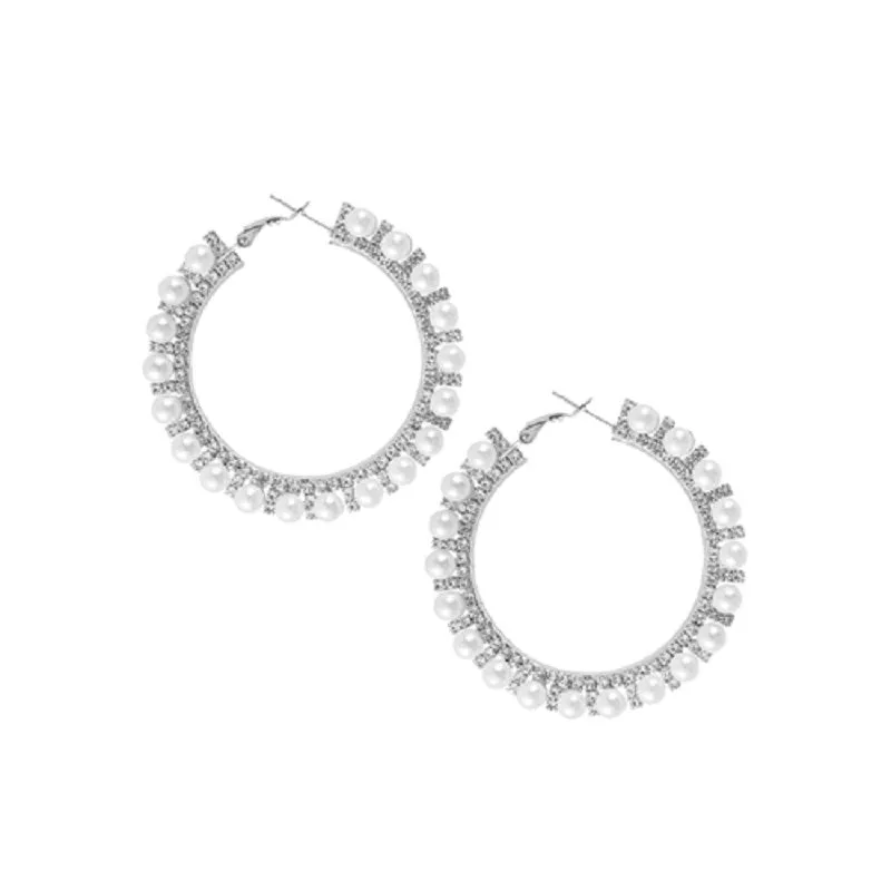 SILVER HOOP EARRINGS CLEAR STONES WHITE PEARLS ( 27983 WHS55mm ) made by Rebecca Minkoff