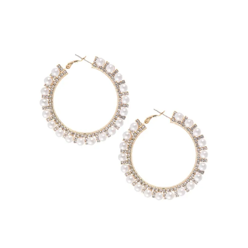 GOLD HOOP EARRINGS CLEAR STONES CREAM PEARLS ( 27983 WHG55mm ) sold by Oh My Jewelry